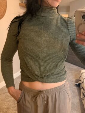 Ribbed Olive Green Turtleneck TwistKnot Crop Top